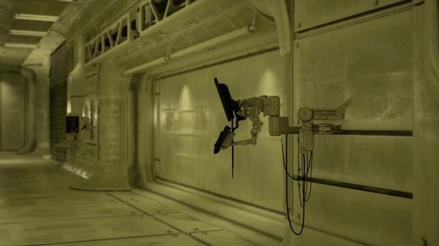 Dim industrial corridor with robotic arm, metallic panels and reflective floor, articulated manipulator mounted to hull, distant hatch and cable runs, clinical
