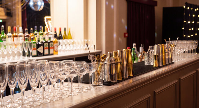 Rows of sparkling cocktail glasses and premium bottles stand neatly arranged along an elegant wooden bar counter inside a luxury festive banquet venue.