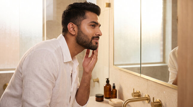 Young Indian Man Examining Face in Mirror 