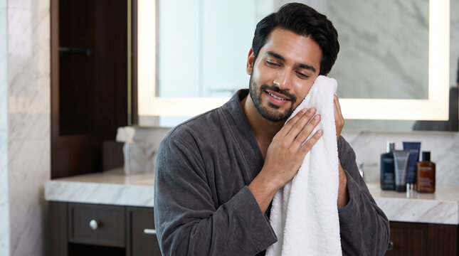 Young Indian Man Drying Face with Towel 
