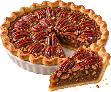 Classic homemade pecan pie with a flaky crust and a sliced wedge showing the gooey filling loaded with rich pecans isolated