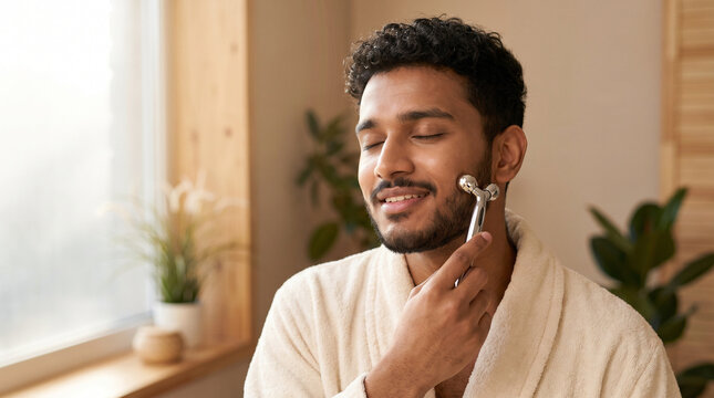 Young Indian Man Using Facial Roller 