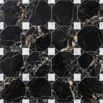 Black Nero Marquina Marble Octagon Floor Tile Texture with White Accents