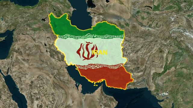 Animated map of iran highlighting national borders and flag transition on satellite earth background