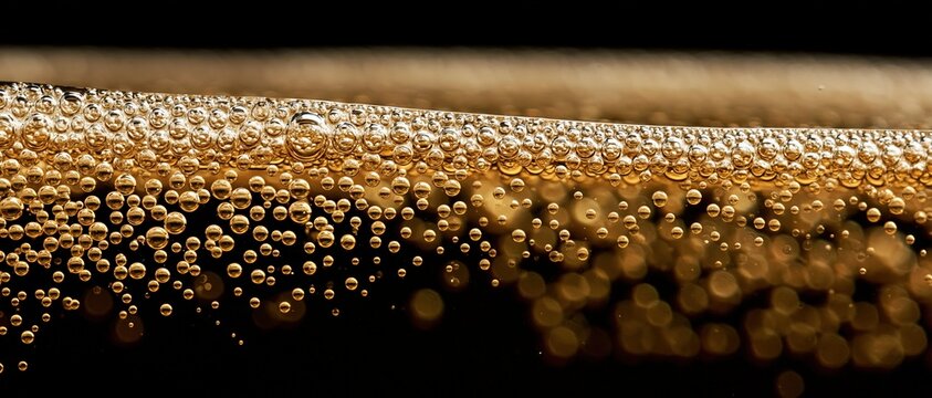 Opulent gold bubbles cascade along a champagne glass rim against deep black, evoking celebration, indulgence, and luxury. Perfect for premium beverage branding, event, or New Year campaigns.