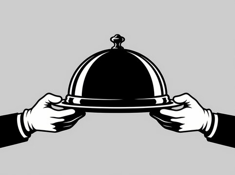 Graphic illustration of a waiter holding a silver serving platter with a cloche.