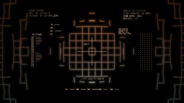 Futuristic LIDAR scanner HUD overlay visualizing drone point cloud mapping, altitude telemetry, and spatial terrain survey metrics.