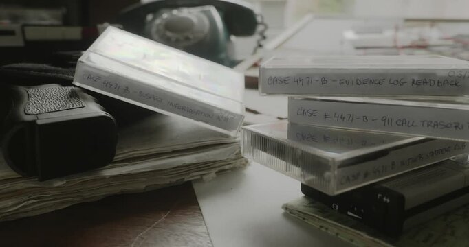 Slide shot reveals a detective board featuring retro cassette tapes as archived evidence for a cold case crime investigation.