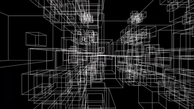 Abstract 3D motion graphics of interlocking wireframe cubes and rectangular blocks forming a complex digital city data architecture.