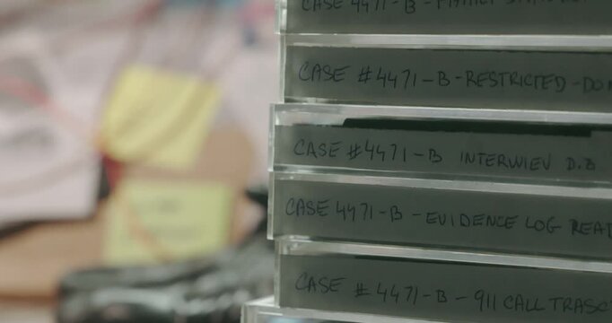 Macro pan down reveals a stack of retro cassette tapes on a detective crime desk, representing archived recordings and cold case evidence.