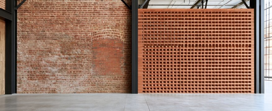 Industrial exposed brick wall with perforated brick screen in loft interior for architecture, poster, background and interior design