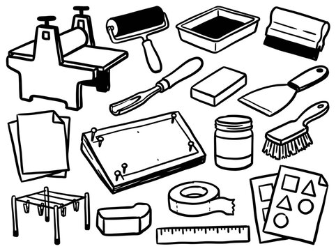 Set of linocut printmaking tools and equipment in hand-drawn doodle style black and white