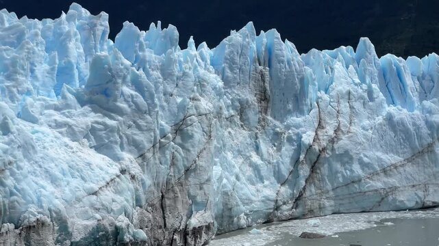Close Up View of Perito Moreno Glacier Ice Wall Seracs and Crevasses in Patagonia Argentina