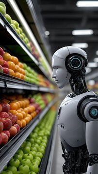 Futuristic robot examines fresh produce in grocery store while interacting with data displays