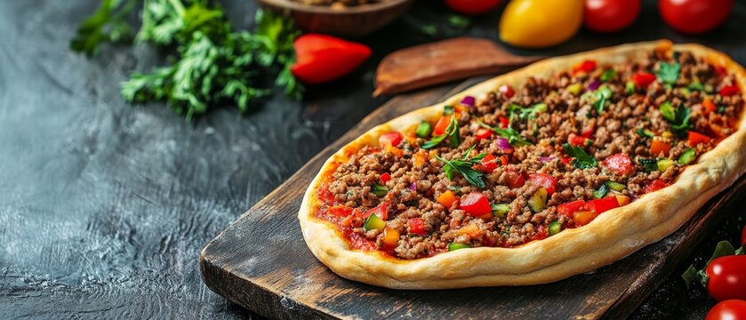 Freshly baked Turkish pide topped with seasoned ground meat, colorful bell peppers, and herbs, served on a rustic wooden board with fresh ingredients around