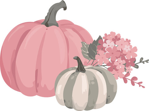 Cute Pink and Floral Halloween Pumpkins with Autumn Flowers. Decorative Fall Vector Illustration