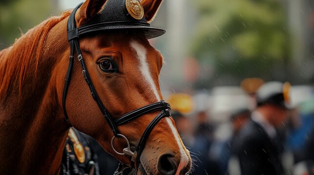 A horse wearing a police hat participates in a parade, showcasing an official and dignified scene