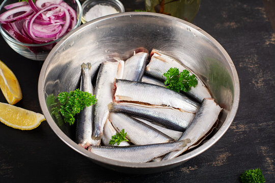 Fresh Sardine Fillets and Ingredients for Mediterranean Cuisine