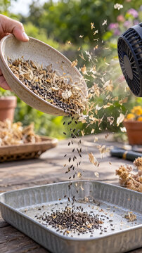 Hand Winnowing Garden Seeds from Dried Chaff Using Electric Fan into Metal Tray in the Garden