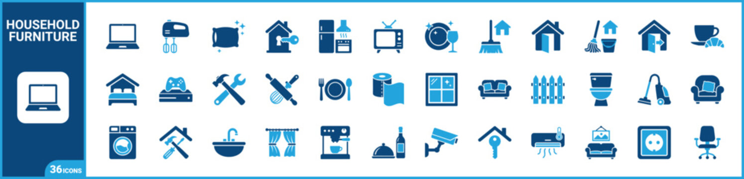 Household furniture and domestic home appliance vector icons set