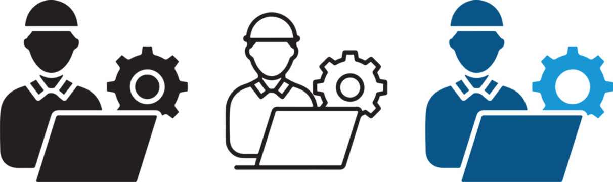 Professional engineering icon set featuring an efficient technician in a hard hat using a laptop with a mechanical gear.