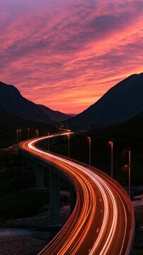 Winding highway at sunset in Glencoe, Scotland with light streaks from cars