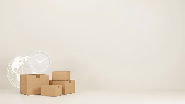 E-commerce global logistics concept with delivery boxes, clock, and globe on a minimal background, illustrating timely shipping