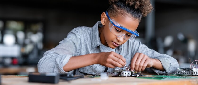 Young boy builds toy robot using soldering iron at wooden desk in workshop