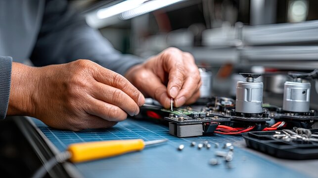 Building a micro drone with a flight controller and carbon fiber frame on a blue work surface
