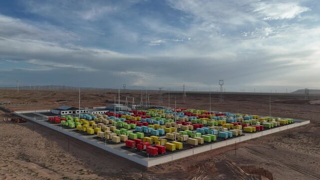 colorful energy storage containers arranged in desert
