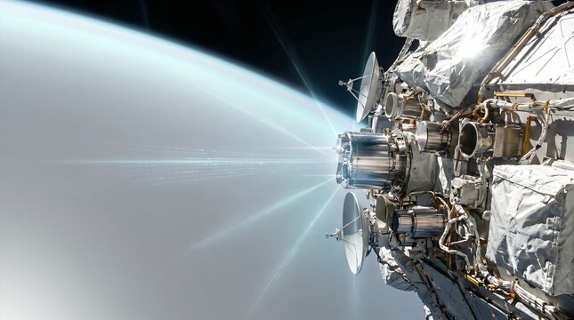 Spacecraft scientific instrumentation module with ion thruster beams orbiting planet Earth with copy space