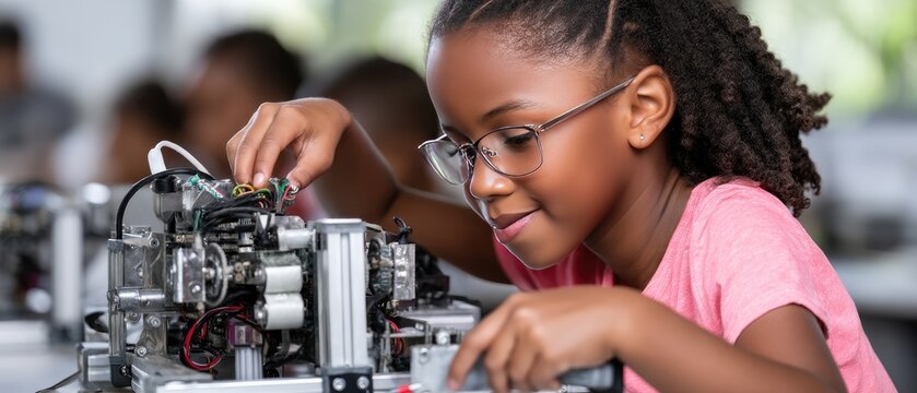 Young girl explores robotics at a table, smiling while handling components in a well-lit space