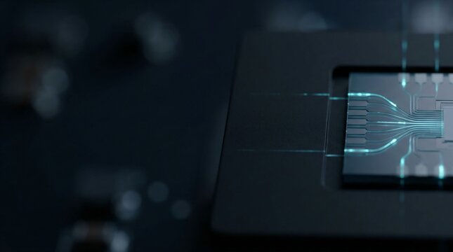 Macro view of silicon photonics chip transmitting blue optical signals on dark socket testbed
