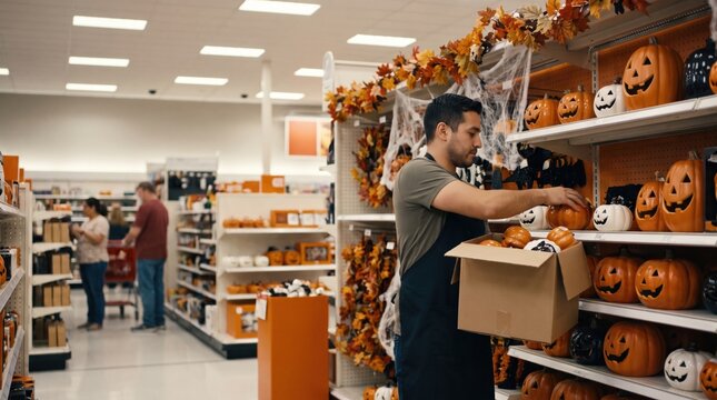 Store employee stocking shelves with Halloween decorations in a retail store aisle.