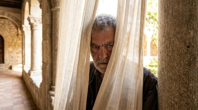 Older man looking through sheer curtains at a window. Hidden observer and privacy concept. Close-up portrait in a home interior. Concealment, watching and personal space