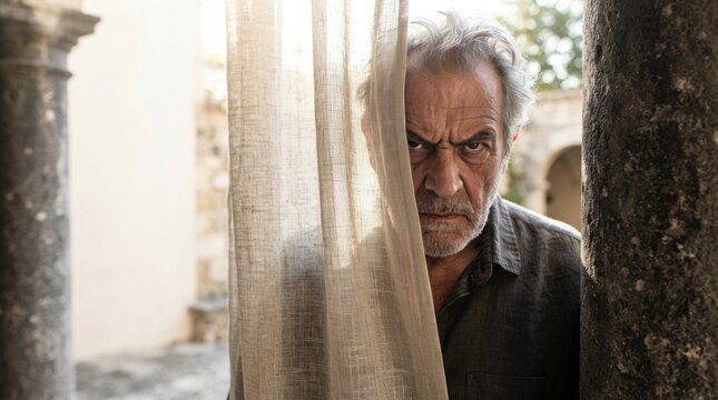 Older man looking through sheer curtains at a window. Hidden observer and privacy concept. Close-up portrait in a home interior. Concealment, watching and personal space