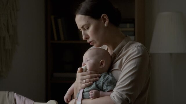 Caucasian mother holding and gently rocking infant baby with pacifier. Clip suitable for parenting campaigns, maternity support advertising, and infant wellness promotions