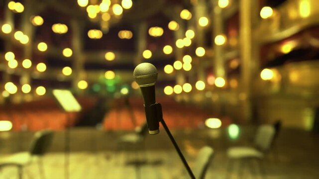 Closeup microphone with golden bokeh lights, vintagestyle mic on stand, blurred auditorium chandeliers, warm glamorous ambiance, soundcheck moment before live