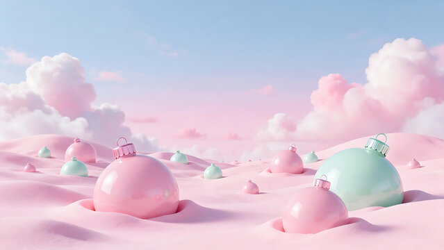 Surreal pastel winter dreamscape with giant Christmas baubles