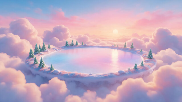 Surreal floating frozen pond among pastel clouds at sunset