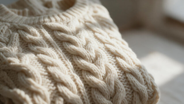 Cozy cream knitted wool texture close-up, warm winter background
