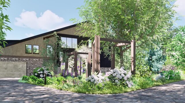 緑豊かな植栽とパーゴラのあるモダンガーデン