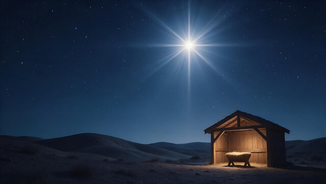Star of Bethlehem over a quiet desert stable on Christmas night