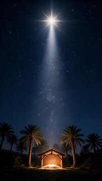 Star of Bethlehem beam over empty stable among palm trees