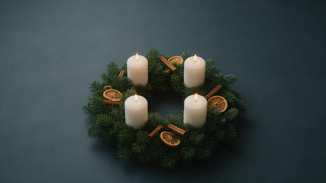 Advent wreath with four white candles top-down on dark slate