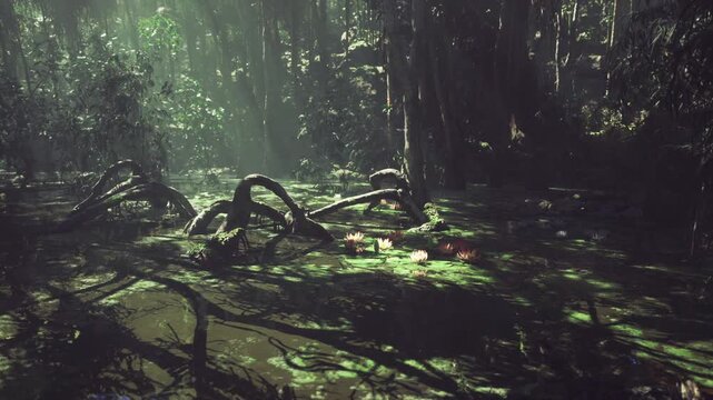 Mossy forest floor bathed in light, tangled roots and low vines creating mysterious foreground, humid atmosphere with shafts of sunlight piercing canopy, rich