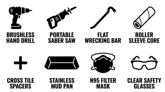 Set of eight professional construction tools and safety equipment icons with construction equipment hardware brushless portable wrecking stainless industrial maintenance renovation building