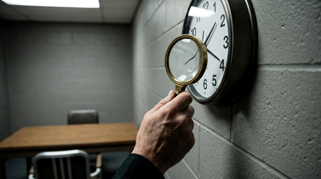 Investigator using magnifying glass to closely examine broken cracked wall clock inside interrogation room