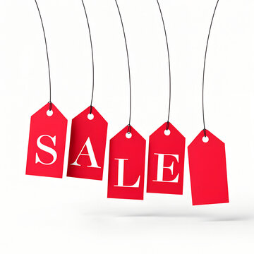 Red SALE Price Tags Hanging on Strings Isolated White Background