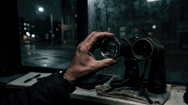Undercover detective using binoculars for night surveillance through wet rainy window of dark room.